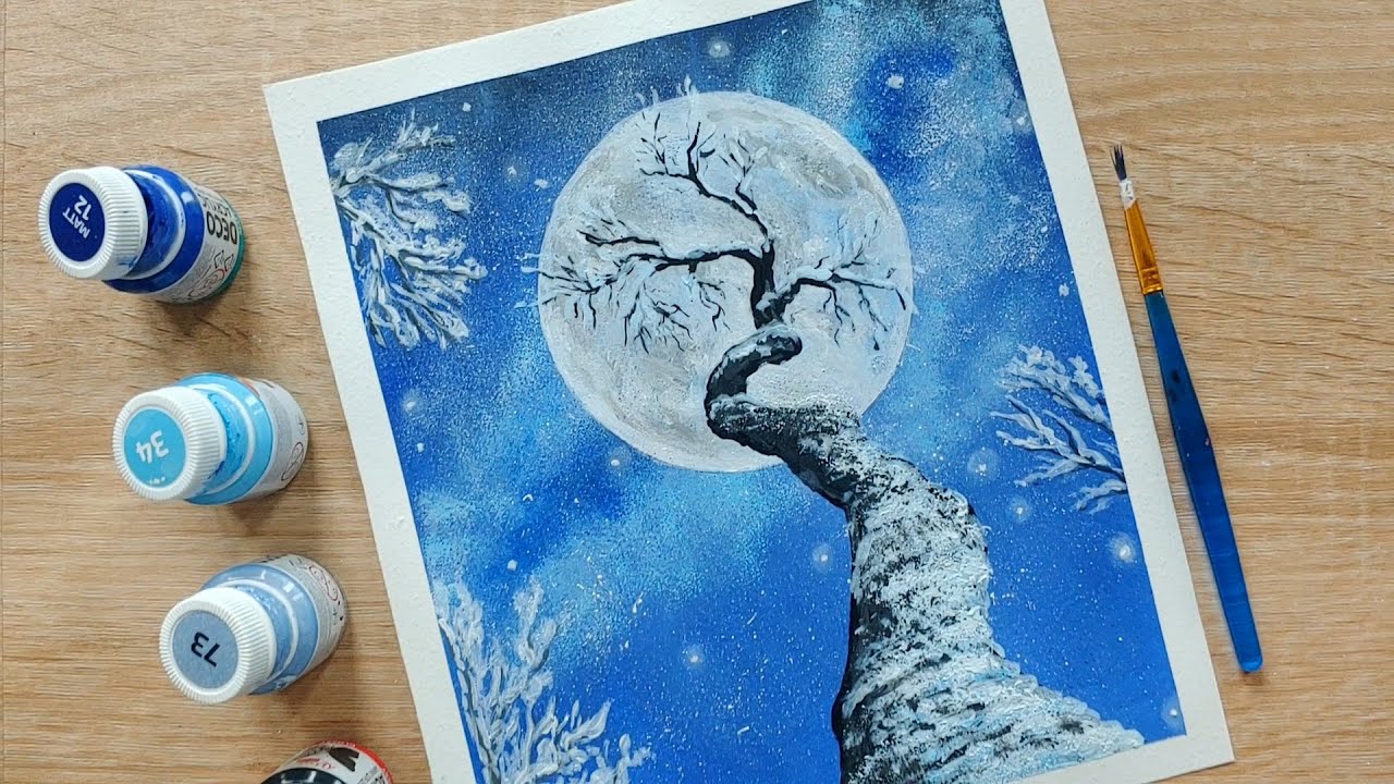 Рисуем дерево под луной / Зимний пейзаж / Рисуем акрилом пошагово смотреть онлайн