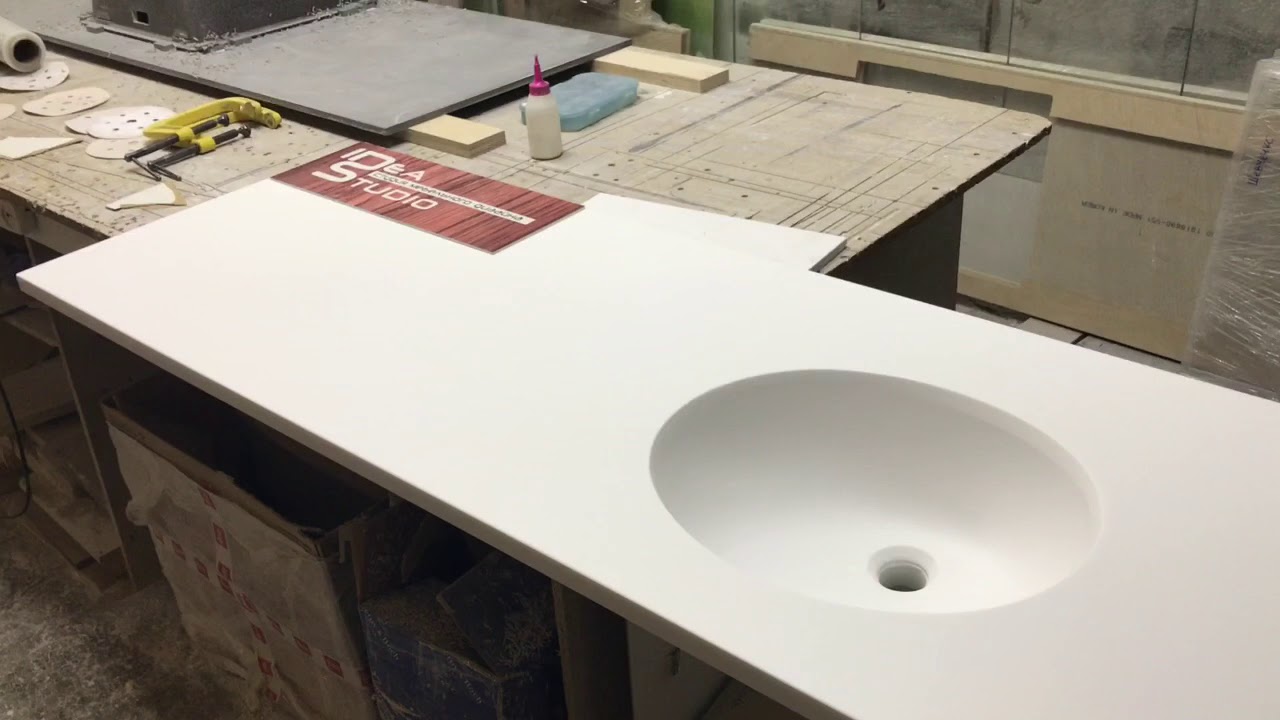 Столешница в Ванную с мойкой с нижней вклейкой . IDEASTUDIO Столешницы под заказ Днепр Киев . смотреть онлайн