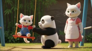 🌿🐼 Нежный толчок радости# день качелей маленького котенка с пандой и мамой 🐱🌸