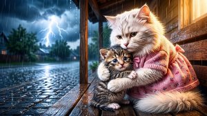 Первый шторм котенка #Мама-кошка не позволит ничему причинить ей вред!🌧️