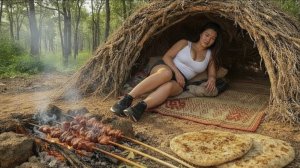 Таймлапс, выживание в лесу во временном убежище, бушкрафт.