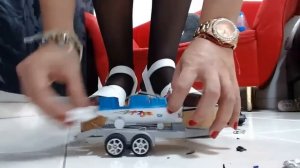 Crush the Monster truck with boat  trailer in nylons and wooden heels extrem hard