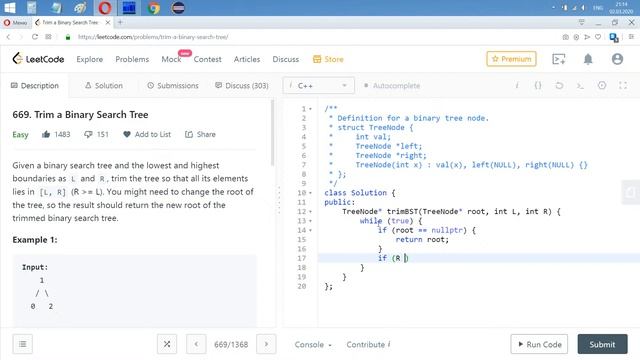 Разбор задачи 669 leetcode.com Trim a Binary Search Tree. Решение на C++ и Java смотреть онлайн