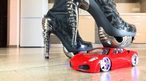 Playful Toy Car Crush! Satisfying Over Knee High Heeled Boots Crushing Food and Toys! ASMR
