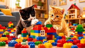 Кот играет с кубиками с друзьями!🐱🧱🎉