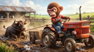 🐵🚜 Маленькая обезьянка спасает быка из грязи! Мультики для детей