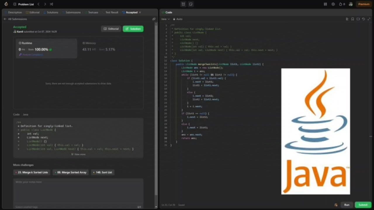 Leetcode Java на русском: 21 Merge Two Sorted Lists смотреть онлайн