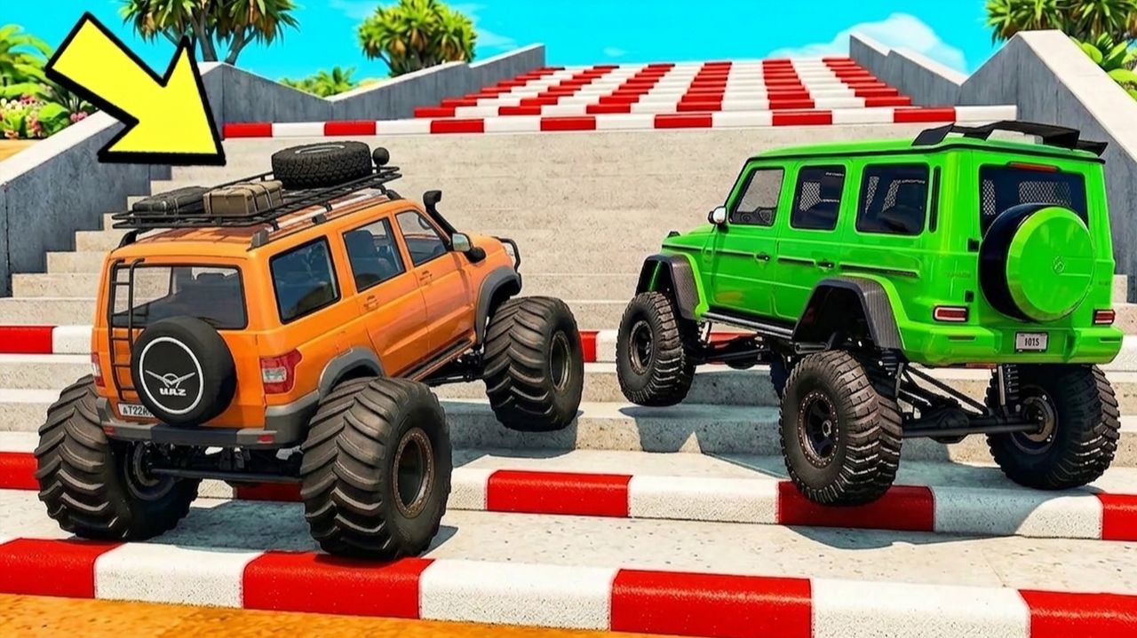 КАКОЙ ЧИТ МОНСТР ТРАК ЗАЕДЕТ ВЫШЕ ПО СТУПЕНЬКАМ ЛЕСТНИЦЫ В BEAMNG DRIVE! смотреть онлайн