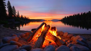 🔥 Звуки костра у озера на закате 🏕️ Потрескивание дров и плеск воды для сна, медитации и релакса