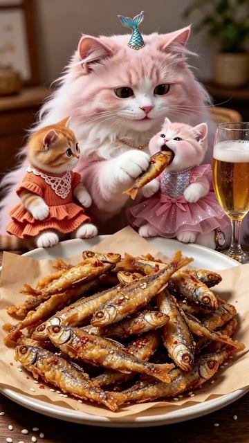 Кошка кормит котят рыбкой