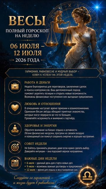 Весы. Полный гороскоп на 06-12 Июля 2026 года