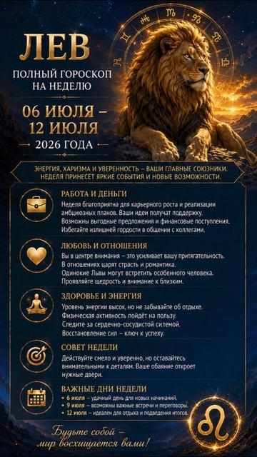 Лев. Полный гороскоп на 06-12 Июля 2026 года