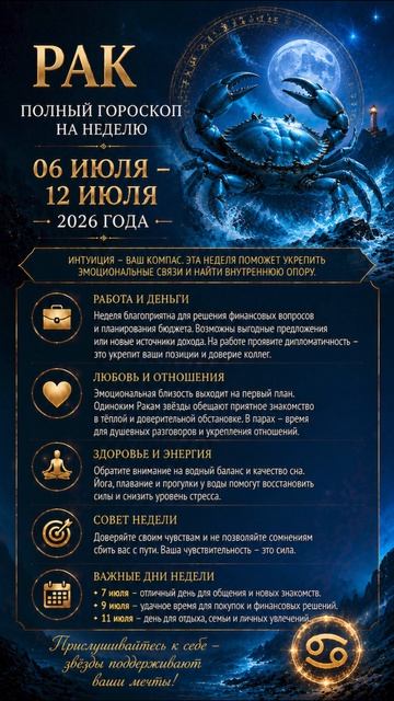 Рак. Полный гороскоп на 06-12 Июля 2026 года