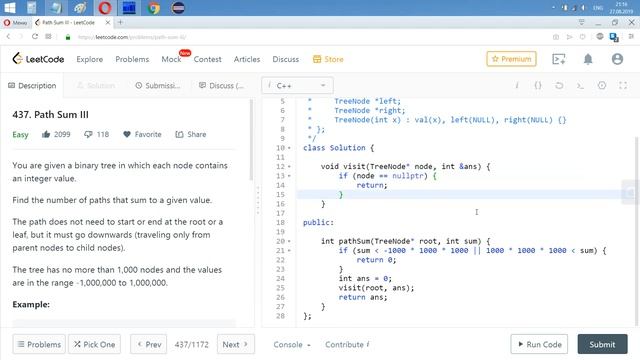 Разбор задачи 437 leetcode.com Path Sum III. Решение на C++ смотреть онлайн