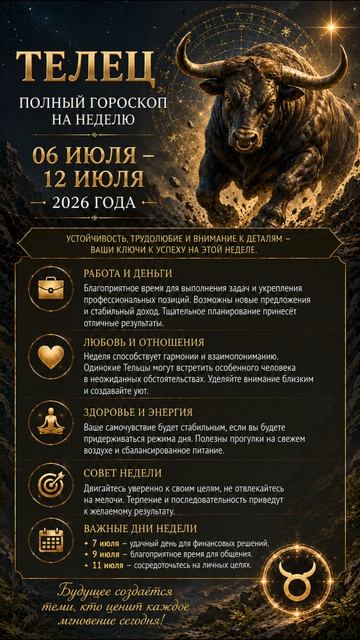 Телец. Полный гороскоп на 06-12 Июля 2026 года