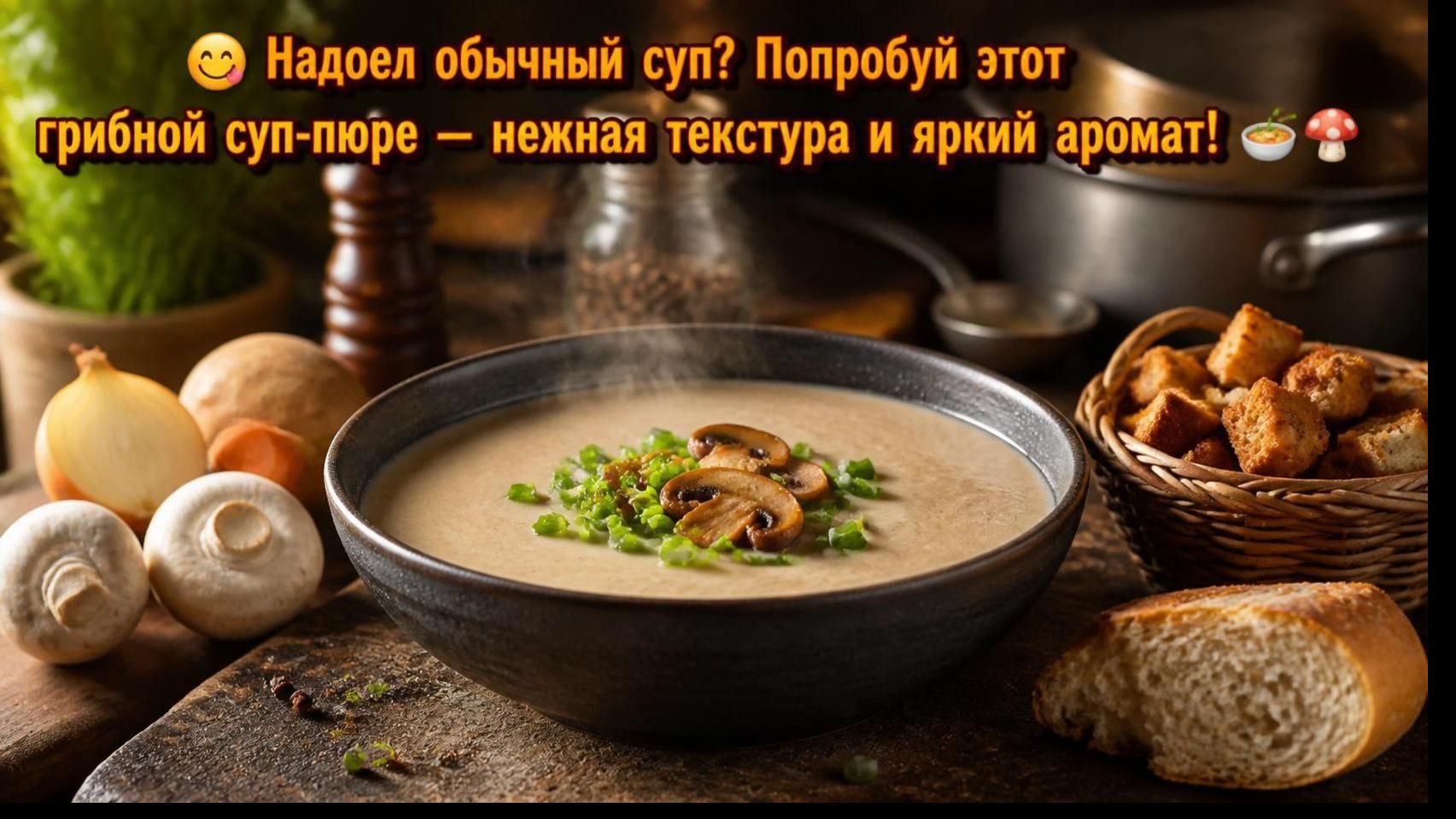 😋 Надоел обычный суп_ Попробуй этот грибной суп‑пюре — нежная текстура и яркий аромат! 🍲🍄