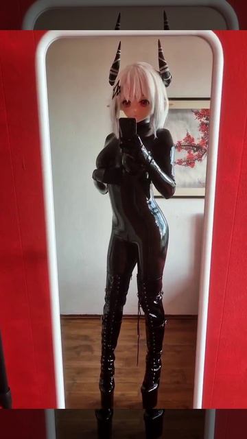Horned Kigurumi Mask, Latex Catsuit and High Heels. смотреть онлайн