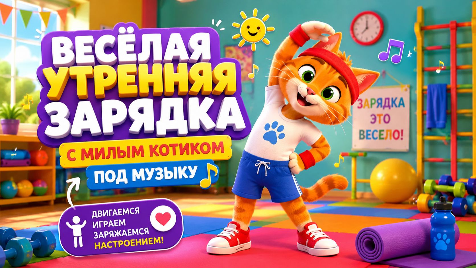 🐱 Весёлая утренняя зарядка с милым котиком под музыку |для детей и отличное настроение!