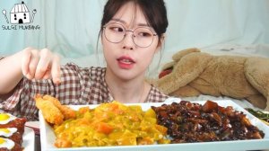 Мукбанг - морепродукты и креветки и лапша с чёрным соусом - корейский стиль