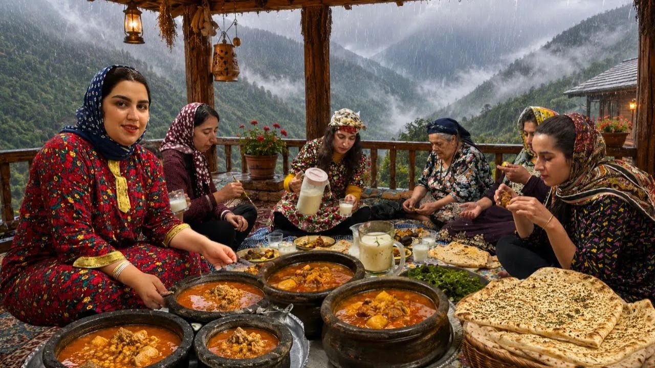 Тушеная баранина в горшочках, хлеб с укропом и мороженое из диких слив