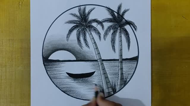 Рисунок тропического заката карандашом🌴 смотреть онлайн