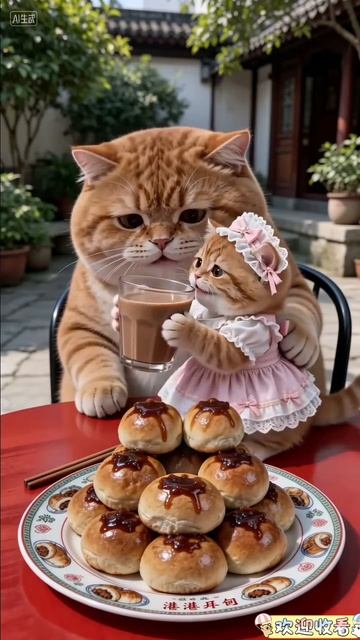 Котенок кормит маму булочками и кофе