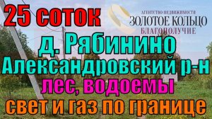 Продается земельный участок 25 соток в д. Рябинино. Рядом лес, плотина. Свет и газ по границе