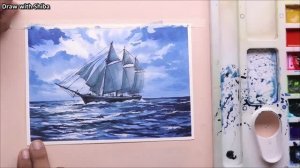 Как нарисовать акварелью волны и корабль