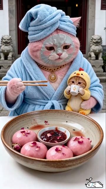 Кошка с маской на лице ест розовые моти из риса