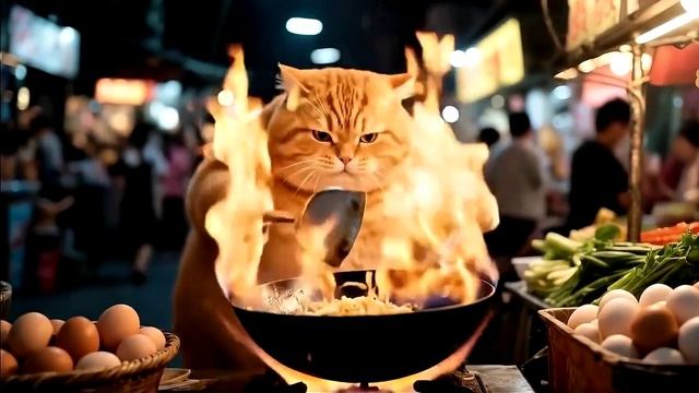 Рыжий кот готовит шашлык с блинами на улице вечером