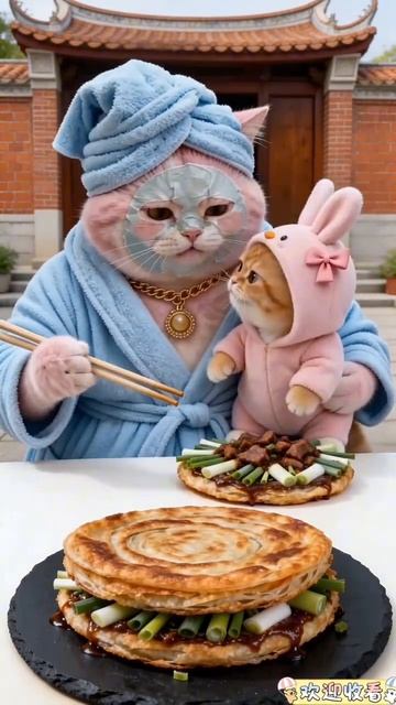 Кошка с котенком едят пирог с мясом