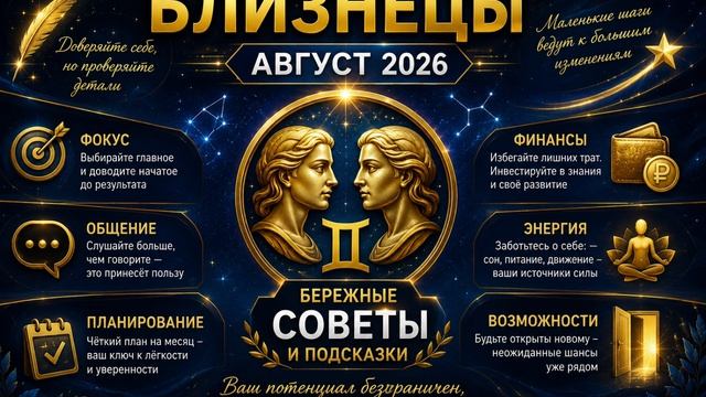 Близнецы на август 2026 — Бережные советы и подсказки
