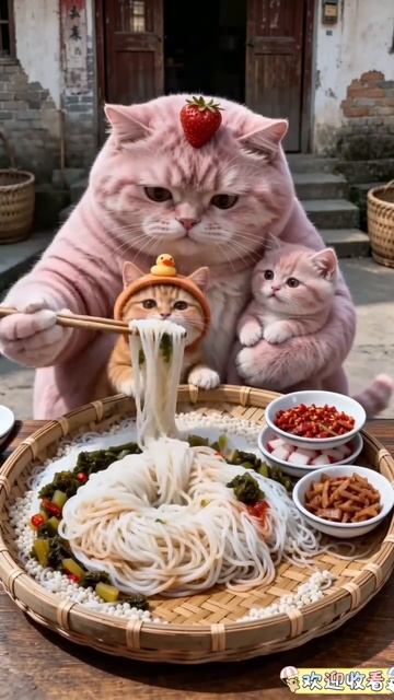 Кошка с котятами ест рыбу со спагетти