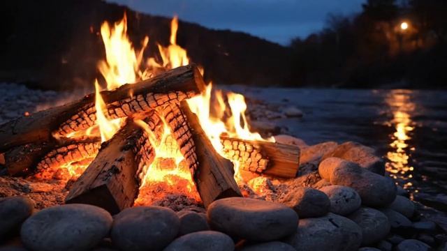 Костер на берегу реки, шум воды, успокаивающие звуки костра без музыки