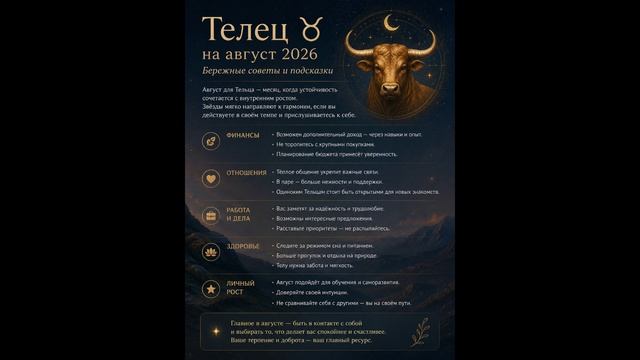 Телец на август 2026 — Бережные советы и подсказки