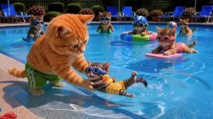 Котик учится плавать