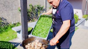 Чакапули - грузинской блюдо из мяса баранины с большим количеством зелени в казане на костре