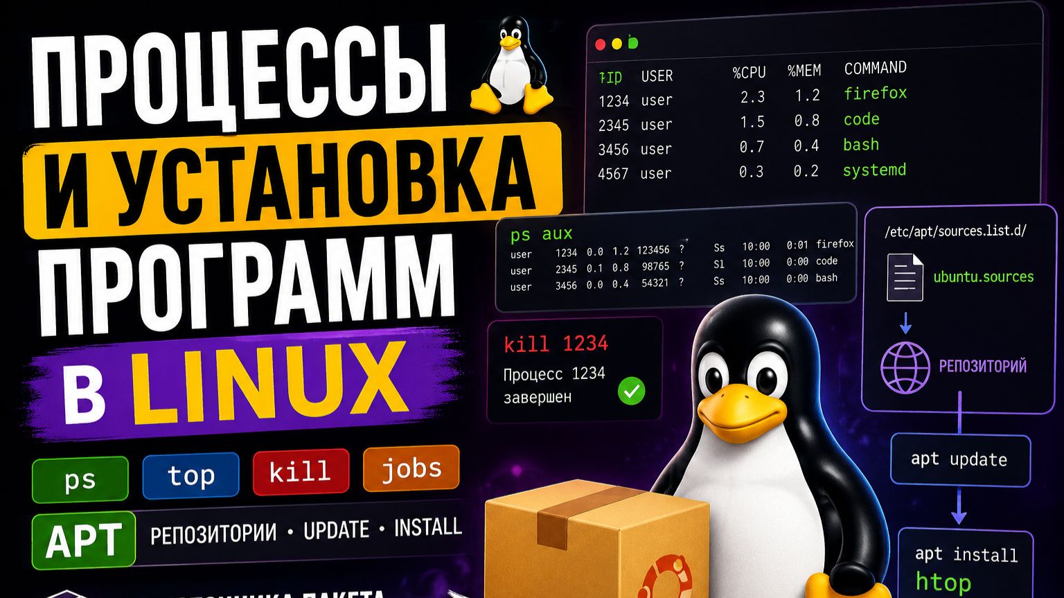 Процессы и установка программ в Linux: ps, top, kill и APT смотреть онлайн
