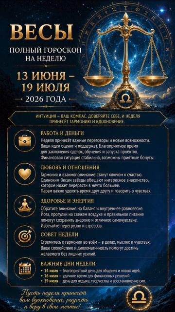 Весы. Полный гороскоп на неделю ( 13.07-19.07 2026 года)