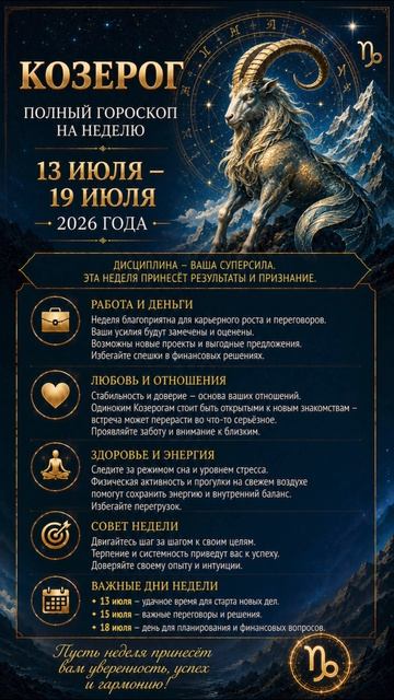 Козерог. Полный гороскоп на неделю (13.07-19-07 2026 года)