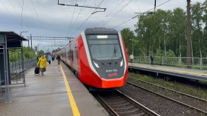 Электропоезд «Финист» ЭС104-038 на пл.Сосновая Поляна и Михайловская Дача, июнь 2026 года