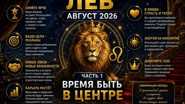 Лев на август 2026. Часть 1 — Время быть в центре