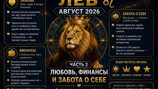 Лев на август 2026. Часть 2 — Любовь, финансы и забота о себе