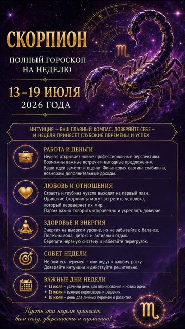 Скорпион. Полный гороскоп на неделю (13.07-19.07 2026 года)