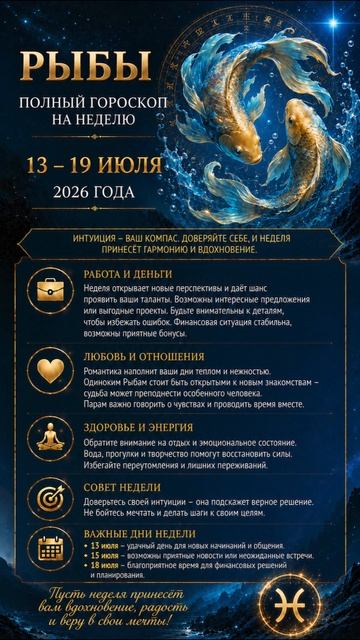 Рыбы. Полный гороскоп на неделю (13.07-19.07 2026 года)