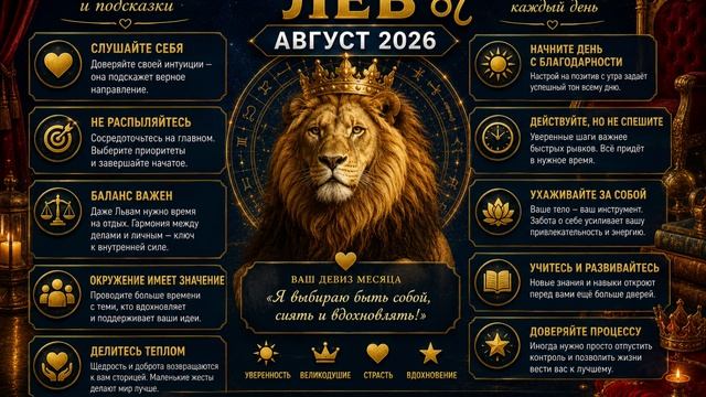 Лев на август 2026 — Бережные советы и подсказки