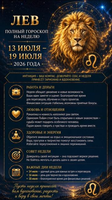 Лев. Полный гороскоп на неделю (13.07-19.07 2026 года)