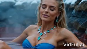 Блондинка в синем бикини: купание в красной горячей воде среди зимнего пейзажа