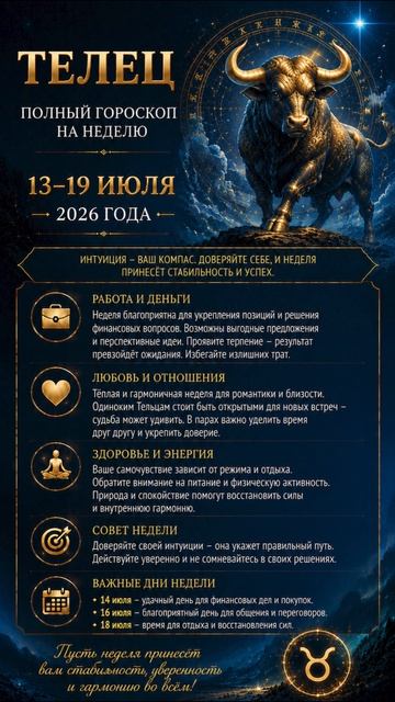 Телец. Полный гороскоп на неделю (13.07-19.07 2026 года)