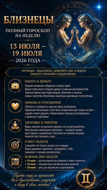 Близнецы. Полный гороскоп на неделю (13.07-19.07 2026 года)